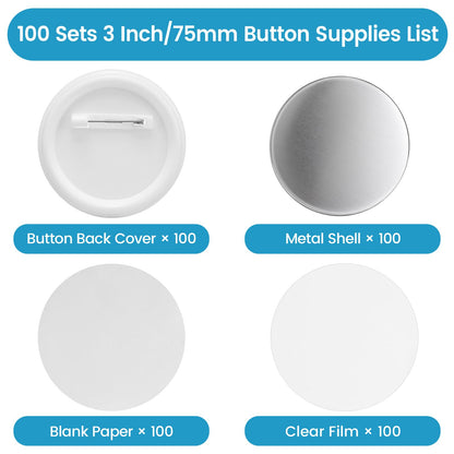 100 Sets Button Maker Supplies, 75mm/3 inch Button Supplies, with Plastic Pin Back Cover, Metal Cover, Transparent Film and Blank Paper, Suitable for Button Making Machine and Pin Maker Press