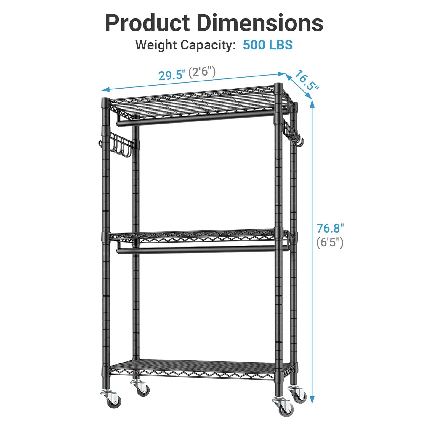 VIPEK R2C Medium Heavy Duty Clothes Rack Rolling Garment Rack with Cover Adjustable Clothing Rack for Hanging Clothes Portable Closets with Double Rods, Black Rack with Black Upgraded Polyester Cover