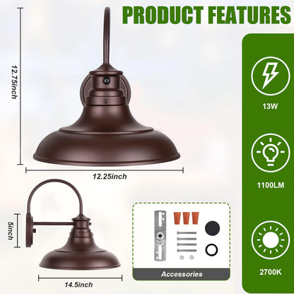Yolsunes Oil Rubbed Bronze LED Outdoor Barn Lights, 12in Gooseneck Wall Fixture, 2 Pack, 13W 2700K