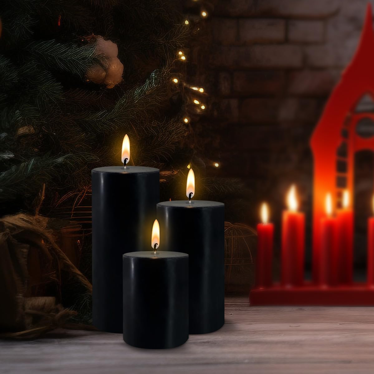 Black Pillar Candles Set of 3 - Dripless Unscented - 3x4, 3x6 & 3x8 inches Decorative Candles for Home Decor & Table Centerpieces