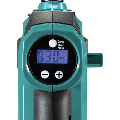 Makita DMP180ZX 18V LXT® Lithium-Ion Cordless Inflator, Battery Powered, Tool Only(battery and charger not included);Presta valve adapter;Sports ball needle;Tapered adapter, Teal