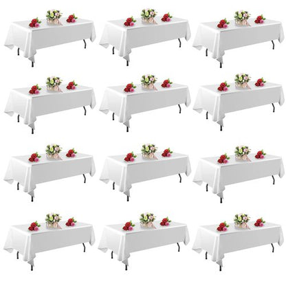 FINDYOU 12 Pack White Table Cloth Rectangle Table 60 x 102 Inch Tablecloths for 6 Foot Rectangle Tables. Stain and Winkle Resistant Polyester Washable White Cloths for Parties