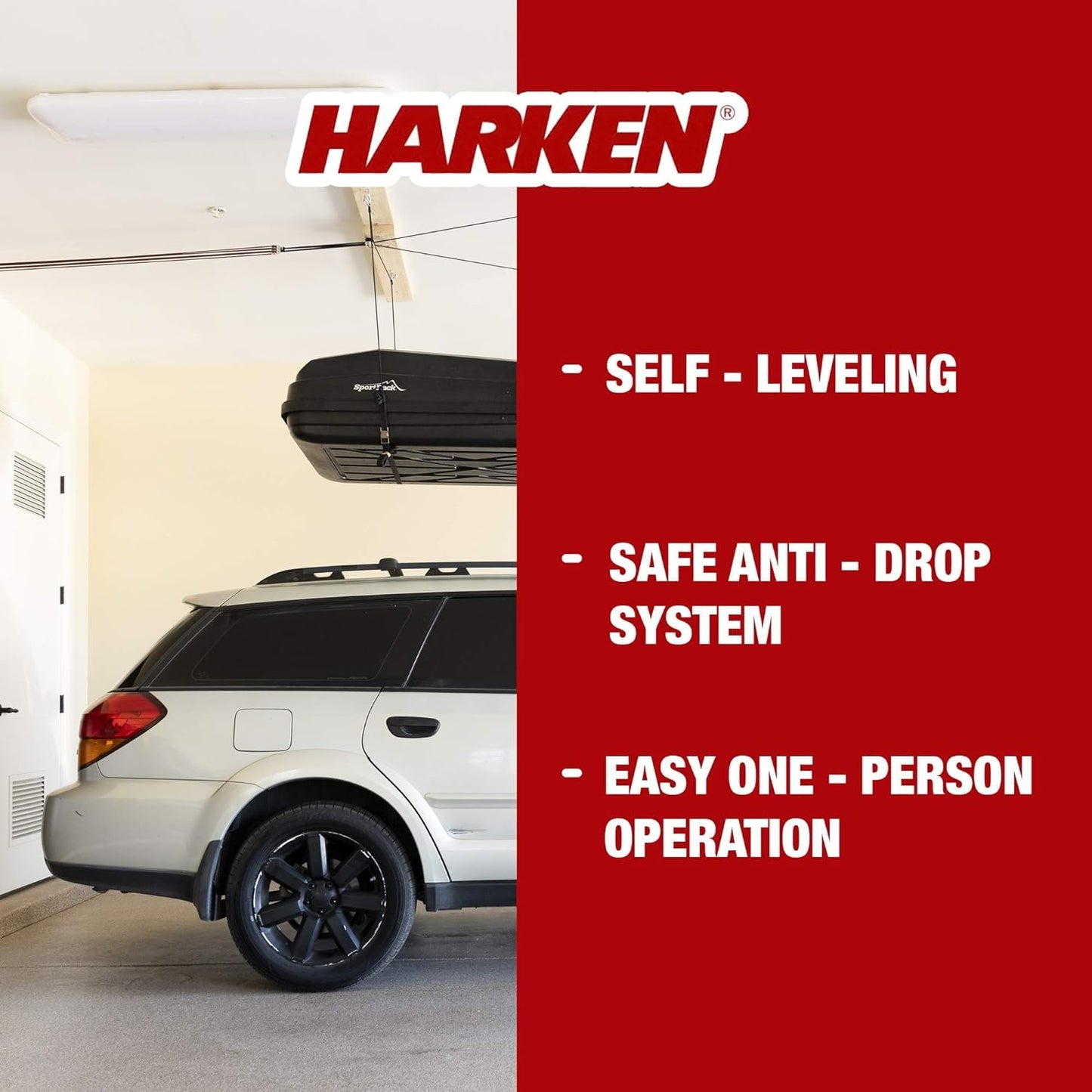 HARKEN Hoister Lightweight Cargo Carrier Overhead Garage Storage 4-Point Hoist System for 60lb Carriers, Kayaks, Canoes, Storage (60lb max load,16ft.Ceiling), Model 7801.16