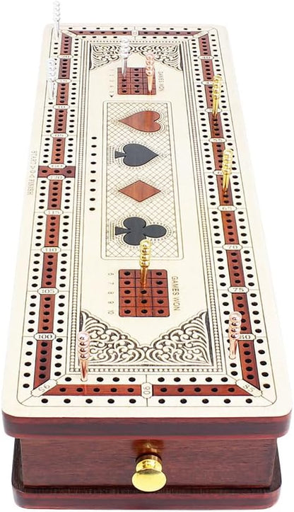 House of Cribbage - 3 Track Continuous Cribbage Board in Maple and Bloodwood - Inlaid Card Symbols (Suits) + Storage Drawer for Cribbage Pegs &amp Cards