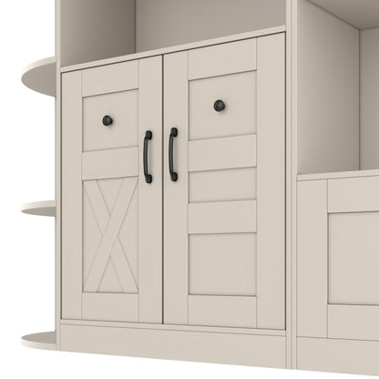 KEIKI Multifunction Entryway Storage Cabinet Set with Bench, Modular Hallway Organizer with Hooks, Open Shelves, Hidden Storage, Farmhouse Accent Cabinet for Living Room, Kitchen, Entryway, Beige