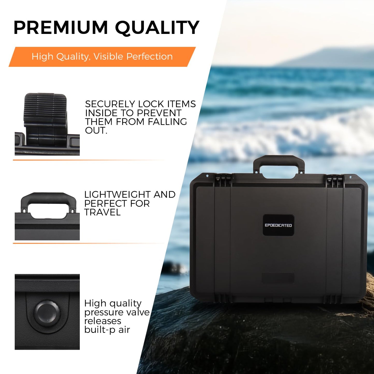 EPDEDICATED IP67 Waterproof Shockproof Hard Case, Orange Rugged Hard Shell with Custom Foam Insert, Lockable Heavy-Duty Equipment Case for Camera Drone Tools Camping Gear, 18.0×13.39×5.12 In (Black)