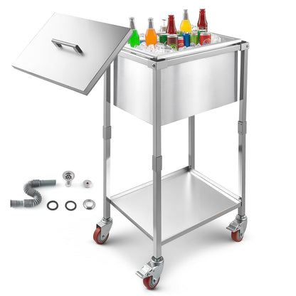 VEVOR Rolling Ice Chest Cooler Cart, Stainless Steel Cooling Bin on Wheels, 32.8 Quart Outdoor Stand Up Cooler Trolley with Shelf, for Patio Backyard Party Bar Cold Drinks(22" L x 16" W x 38" H)