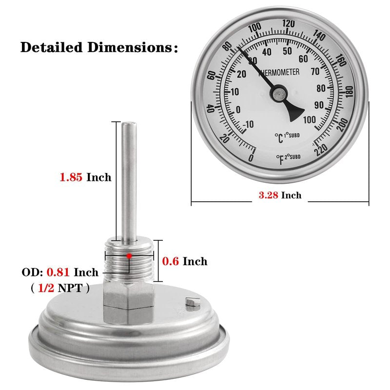 3" Dial 2" Probe FERRODAY 1/2 NPT Stainless Steel Dial Thermometer 1/2 NPT Homebrew Kettle Thermometer Weldless w/O-Rings 0-220ºF Kettle Stainless Steel Brew Pot Thermometer