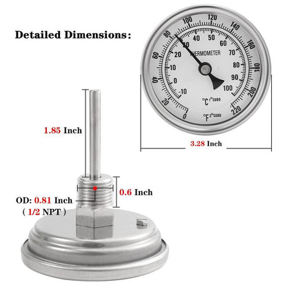 3" Dial 2" Probe FERRODAY 1/2 NPT Stainless Steel Dial Thermometer 1/2 NPT Homebrew Kettle Thermometer Weldless w/O-Rings 0-220ºF Kettle Stainless Steel Brew Pot Thermometer