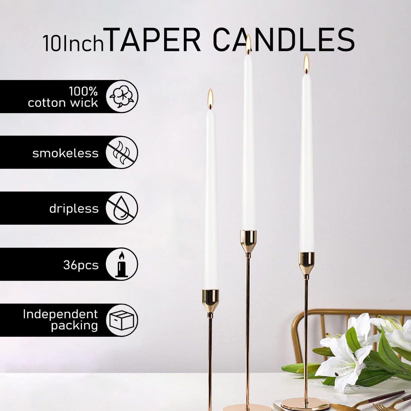 YOROXRG 36 Pack White Taper Candles, 7-8 Hours Burn Time, Unscented, Smokeless and Dripless, 0.8 x 10 Inch Dinner Candle Set for Household, Wedding, Party and Home Décor Candlesticks