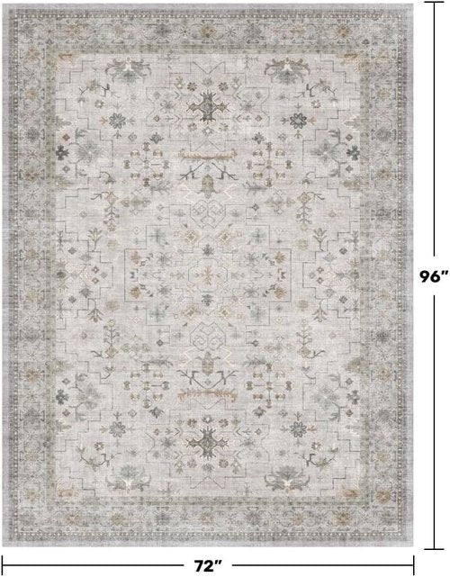 Hazo Haus Boho Light Grey Living Room Rug - Modern Vintage Floral Design, 6x8 Washable Non-Slip Area Rug