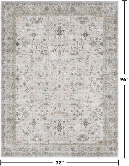 Hazo Haus Boho Light Grey Living Room Rug - Modern Vintage Floral Design, 6x8 Washable Non-Slip Area Rug