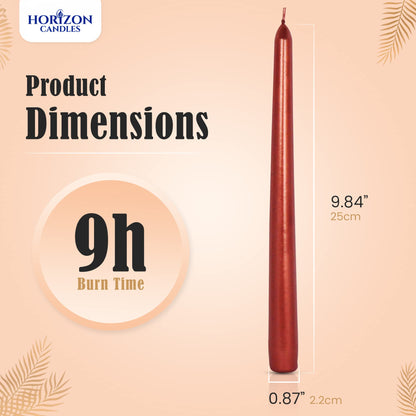 Horizon Unscented 10-Piece Taper Candle Set – 9 Hours Burning Time Smokeless & Dripless Candles for Centerpieces at Wedding, Holiday Dinners, Festive Parties and Home Decor - Metallic Red