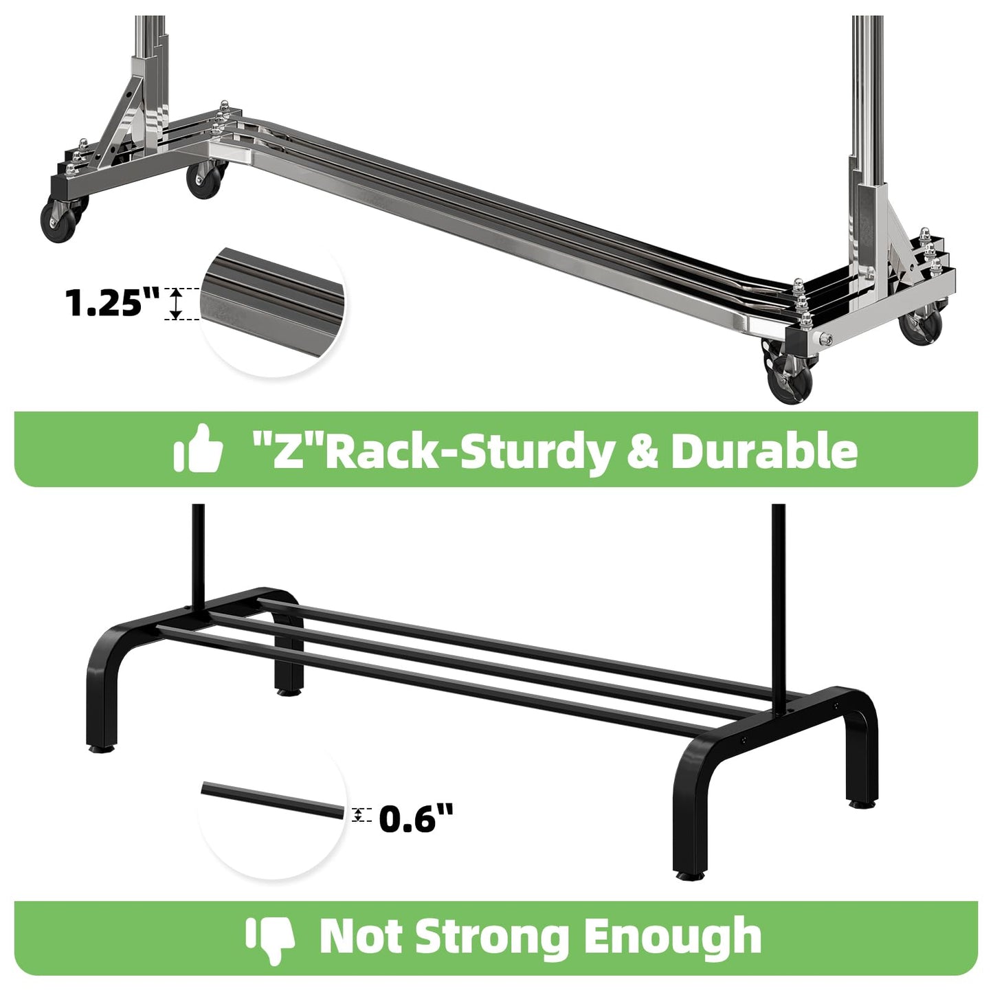 Simple Trending Industrial Grade Z Base 70in extra long Clothes Garment Rack, Commercial Grade Rolling Clothing Rack, Heavy Duty 450lb Load with Wheels, Chrome