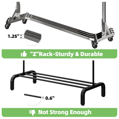 Simple Trending Industrial Grade Z Base 70in extra long Clothes Garment Rack, Commercial Grade Rolling Clothing Rack, Heavy Duty 450lb Load with Wheels, Chrome