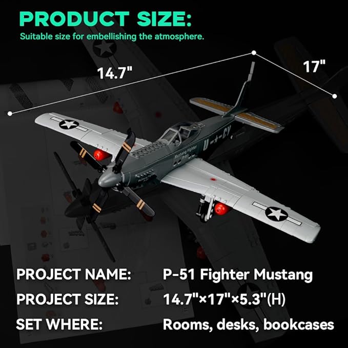 Air Force Series P-51 Mustang Fighter Airplane Military Building Set Adult Gift Compatible with Lego (258 Pieces)