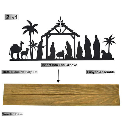 Akulgaci Metal Nativity Sets for Christmas Decorations Black Metal Nativity Scene with Wooden Base for Xmas Home Indoor Mantel Tabletop Office Kitchen Table Shelf Decor (Classic)