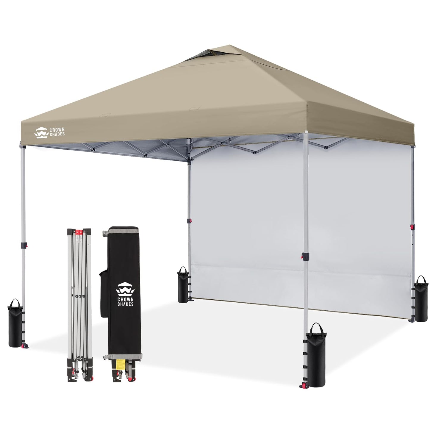 CROWN SHADES Pop Up Canopy with 1 Side Wall - Beach Tent with One Push Setup - Outdoor Sun Shade for Events, Parties, Camping - Gazebo with STO-N-Go Cover Bag, Beige, 12x12FT