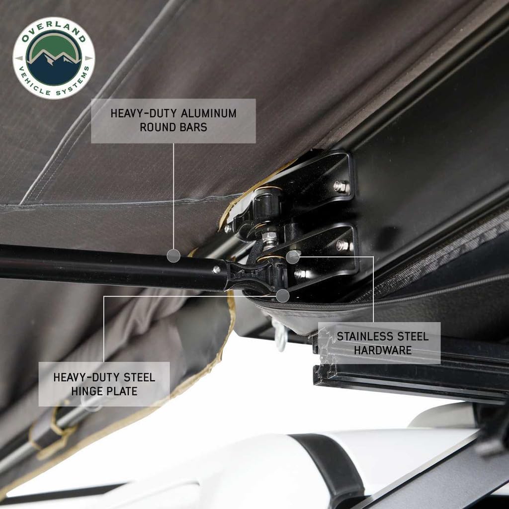 Overland Vehicle Systems 19609917 HD Nomadic 180 LTE Awning Universal | 59 Sq Ft of Coverage | Dark Gray Fabric with Black Travel Cover Included | Twist and Lock Technology | Heat-Sealed Seams