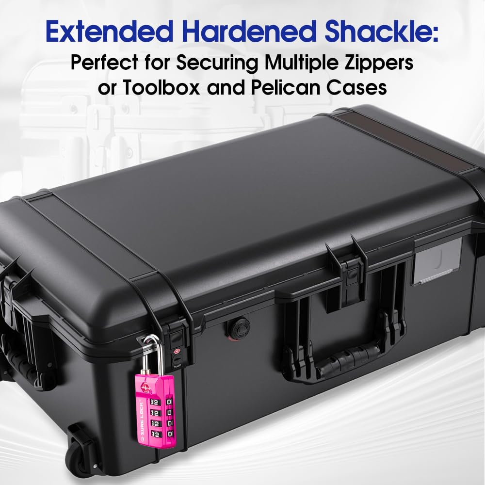SURE LOCK TSA Approved 4-Digit Resettable Combination Luggage Locks with Open Alert, Easy-Read Dials - for Luggage, School Lockers, Gym, Office, Toolbox & Security Cases (Pink 1 Pack)