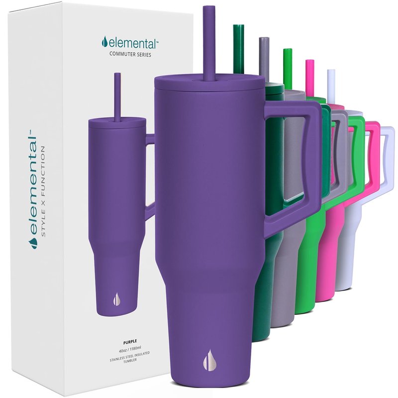 Elemental 40 oz Tumbler with Handle and Straw - Spill Proof Insulated Stainless Steel Commuter for Cold Beverages - Travel Coffee Mug with 2 Straws & Spill Proof Lid - 40oz - Purple