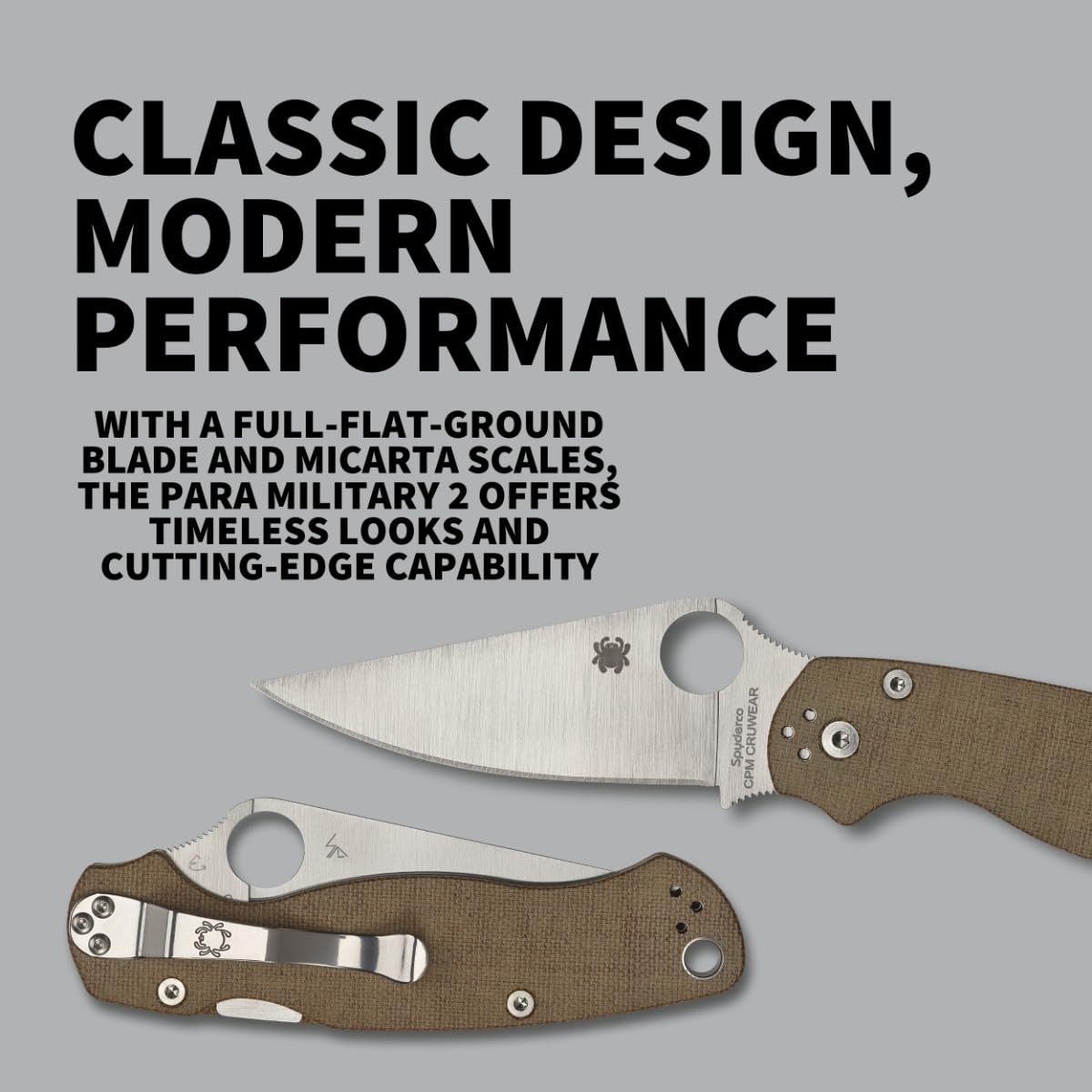 Spyderco Para Military 2 Folding Pocket Knife with 3.4" CPM Cru-Wear Steel Blade and Micarta Handle - EDC Knife for Men and Women, Perfect for Hunting, Tactical, Camping - PlainEdge - C81MPCW2