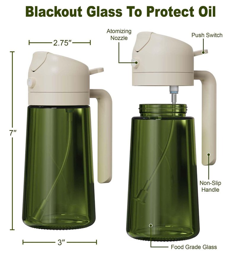 ZEREN 2 in 1 Glass Oil Dispenser & Sprayer, 16oz/470ml Glass Olive Oil Sprayer with Silicone Protective Pad, Cooking Oil Sprayer Bottle for Kitchen Gadgets and Air Fryer Accessories