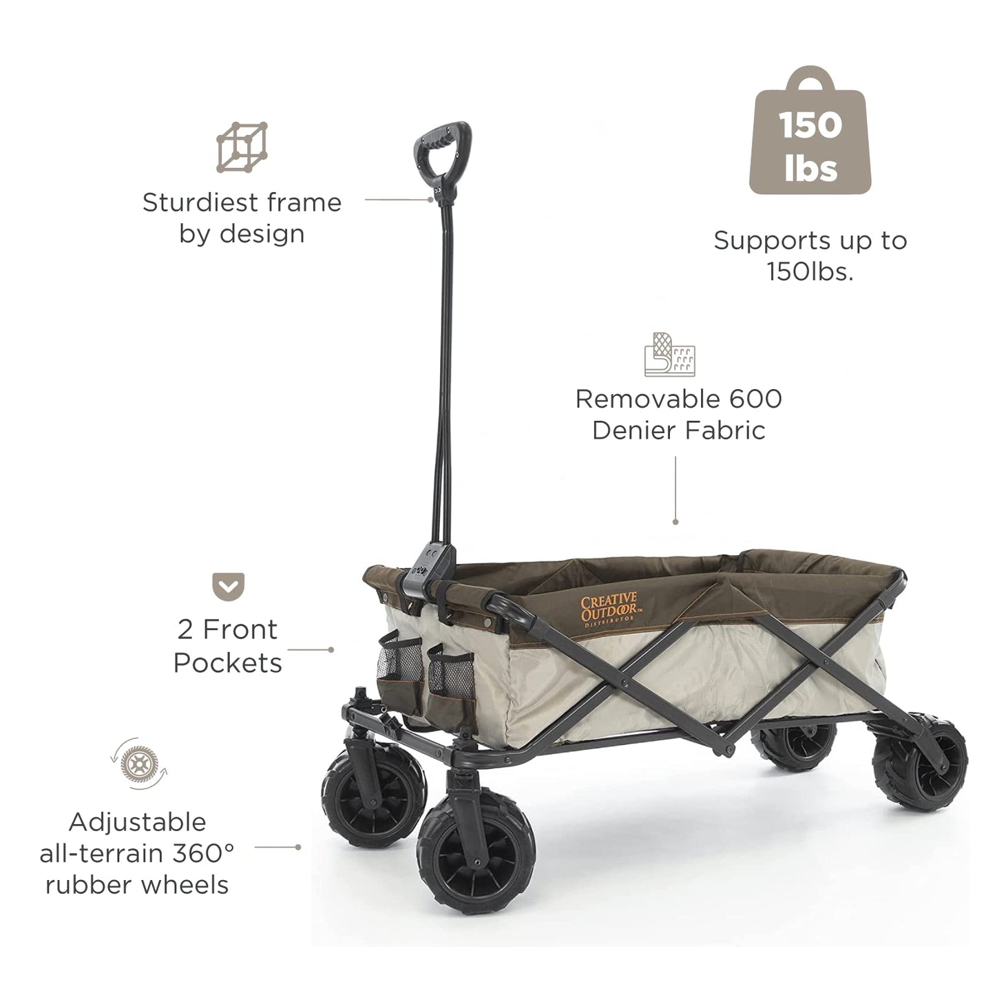 Creative Outdoor Push Pull Collapsible Stroller Folding Cart for Kids and Pets, Suppors upto 150lbs Weight Capacity | Durable Rubber Wheels | All Terrain | Zip-Off Side Pockets & Flap | (Brown/Orange)