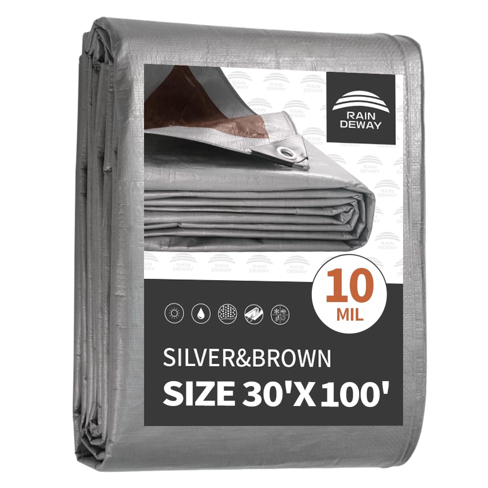RAINDEWAY Tarps Heavy Duty Waterproof 30x100 Feet,10Mil Thick Multipurpose Large Tarp Cover with Metal Grommets and Reinforced Edges,Silver/Brown Tarp