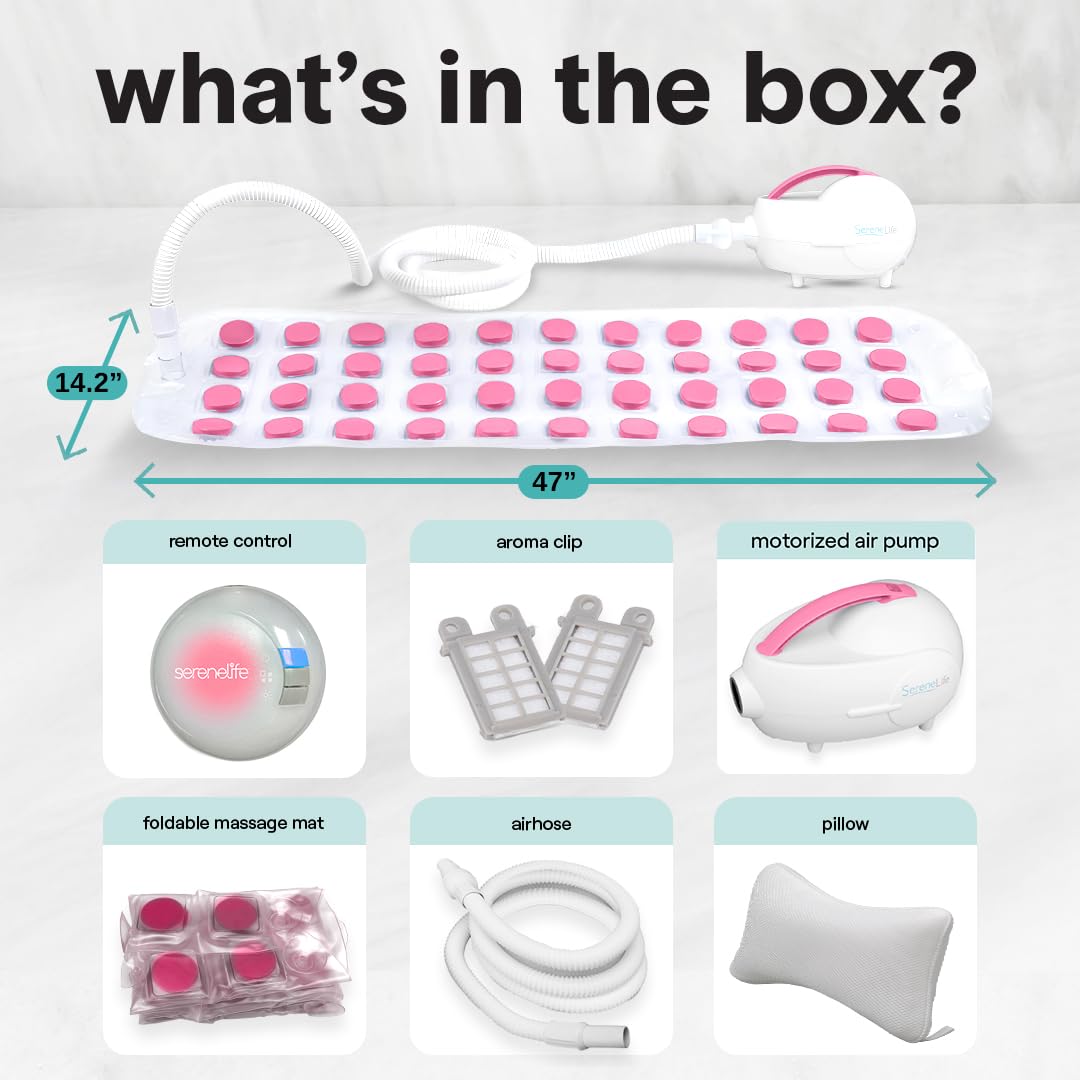 SereneLife Bubble Bath Mat - Portable Spa Bubble Bath Massager with Waterproof Bath Light & Pillow, Adjustable Bubble Intensity, Easy Button Control, Remote Control (Pink)