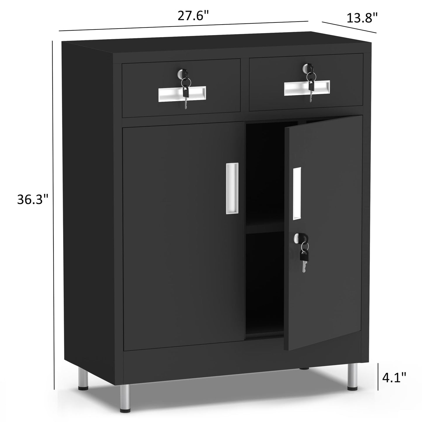 JINGUR Metal Storage Cabinet with Locking Doors and 2 Drawers, Lockable Storage Cabinet with Adjustable Shelf for Home Office Garage Entryway Pantry (Black)