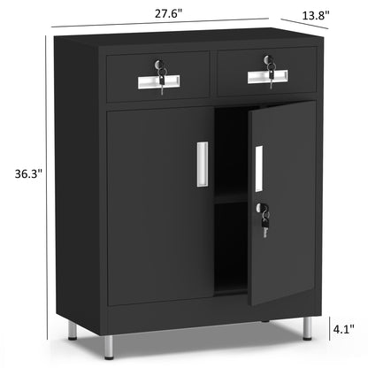 JINGUR Metal Storage Cabinet with Locking Doors and 2 Drawers, Lockable Storage Cabinet with Adjustable Shelf for Home Office Garage Entryway Pantry (Black)
