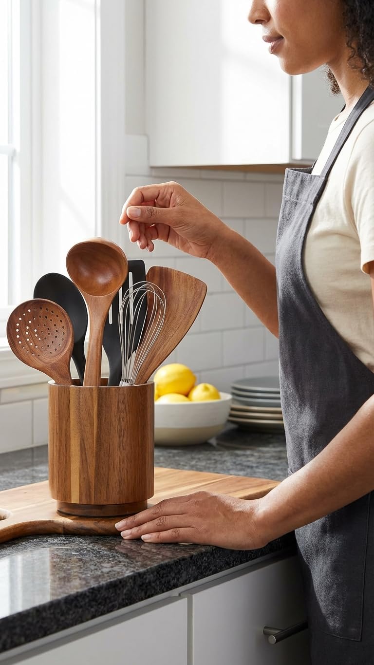 Linda's Essentials Acacia Wooden Utensil Holder - 360° Rotating Non-Slip Design for Kitchen Counter