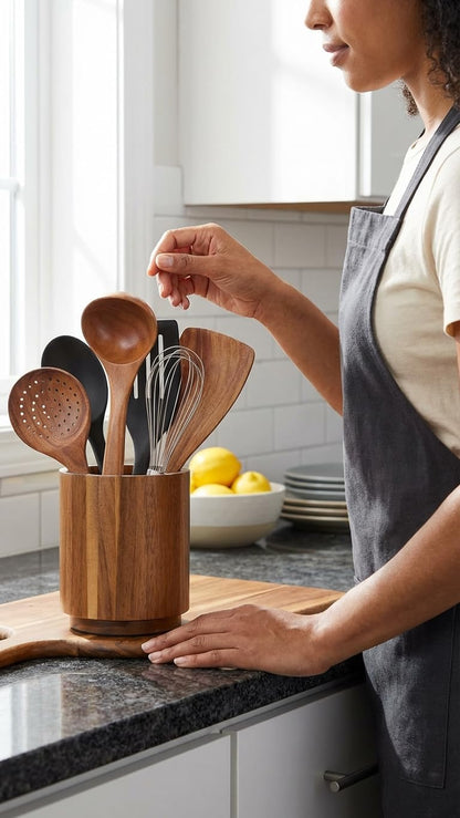 Linda's Essentials Acacia Wooden Utensil Holder - 360° Rotating Non-Slip Design for Kitchen Counter
