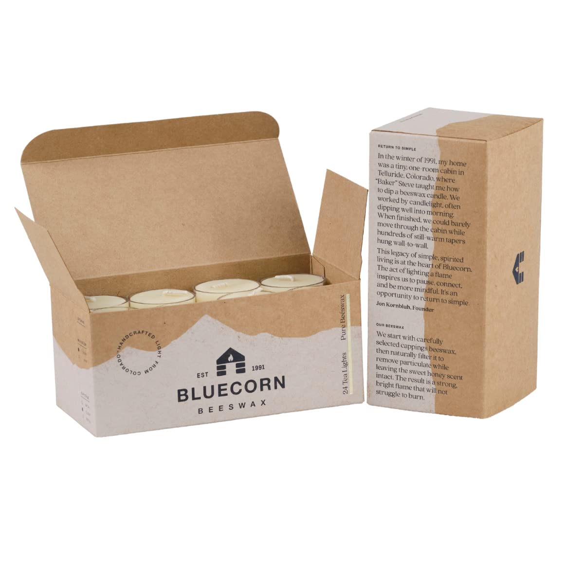 Bluecorn Beeswax Tea Light Candles, 100% Pure Natural Bees Wax, Ivory White Tea Lights, Fragrance Free, Paraffin & Soy Free Candle Wax, Clean Burning, Long Lasting (4-5 Hrs), American Made, 24 Pack
