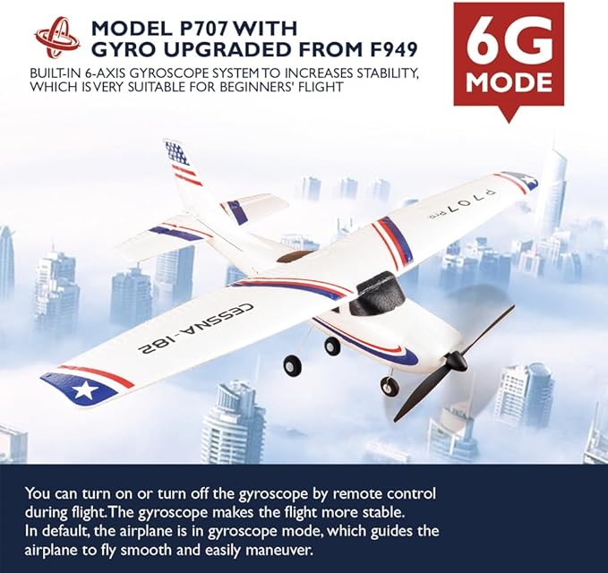 P707pro RC Airplane 3D6G Upgraded 2.4Ghz 3CH Fixed Wing RC Plane with 1020 Motor CESSNA-182 Remote Control Plane for Adults (Light Version)
