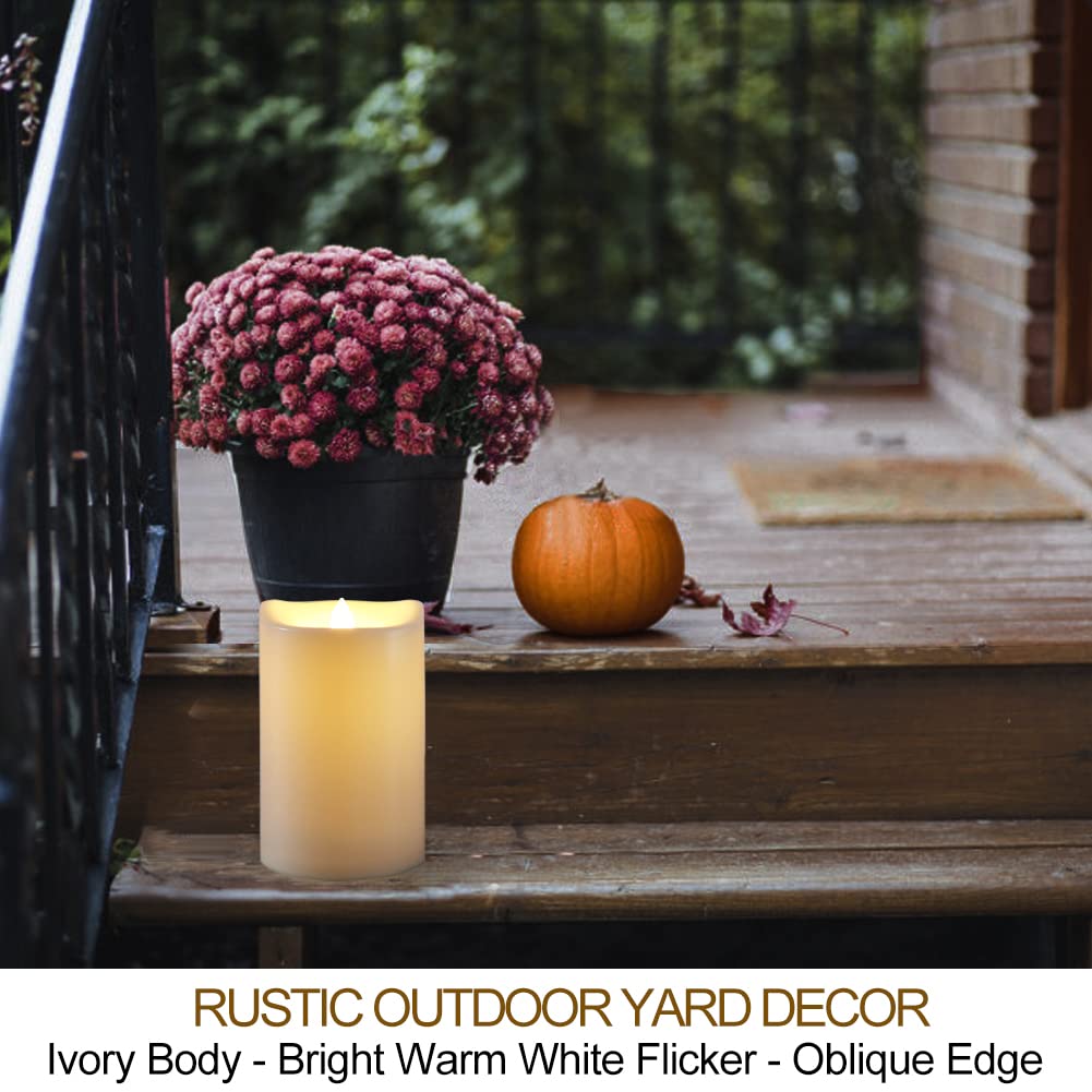 HOME MOST Pack of 2 Ivory LED Pillar Candles Outdoor IP65 Waterproof 4x6 - Large Pillar Candles Battery Powered with Timer and Remote - Oblique Edge Unscented Outdoor Flameless Candles Flickering