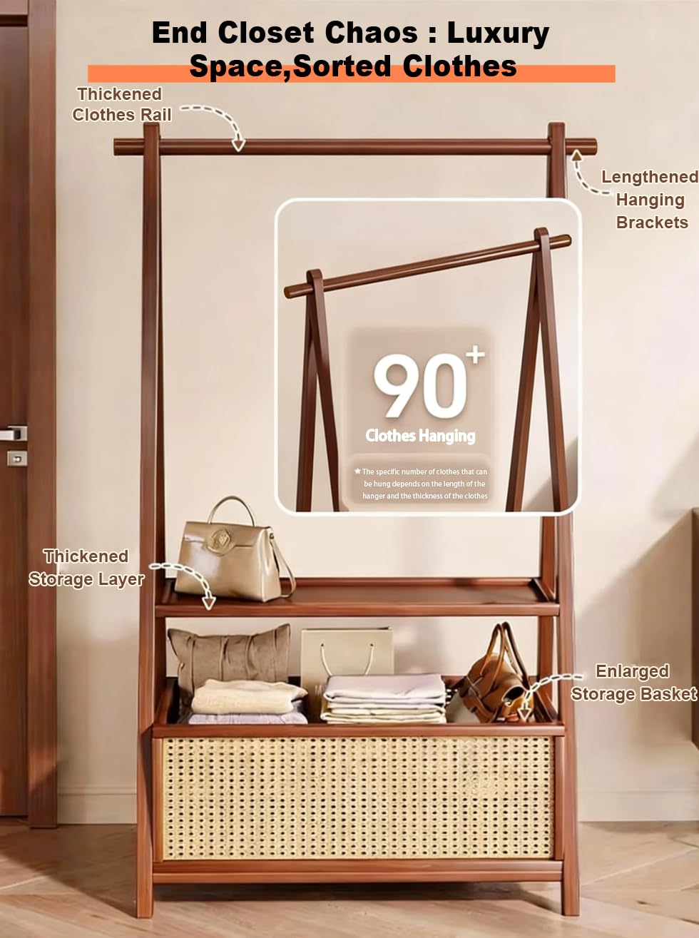 TEDIDUWA 61" Heavy Duty Rolling Clothes Rack, 110 lbs Capacity Solid Bamboo Garment Rack with Double Layer Shelf, Portable Wardrobe & Wood Coat Rack for Bedroom, Laundry, Closet (Walnut)