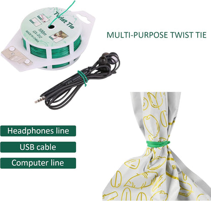 Skiennix Twist Ties - All-Purpose Coated 328 Feet Garden Plant Support Ties | Reusable Green Twine for Gardening & Cable Organization