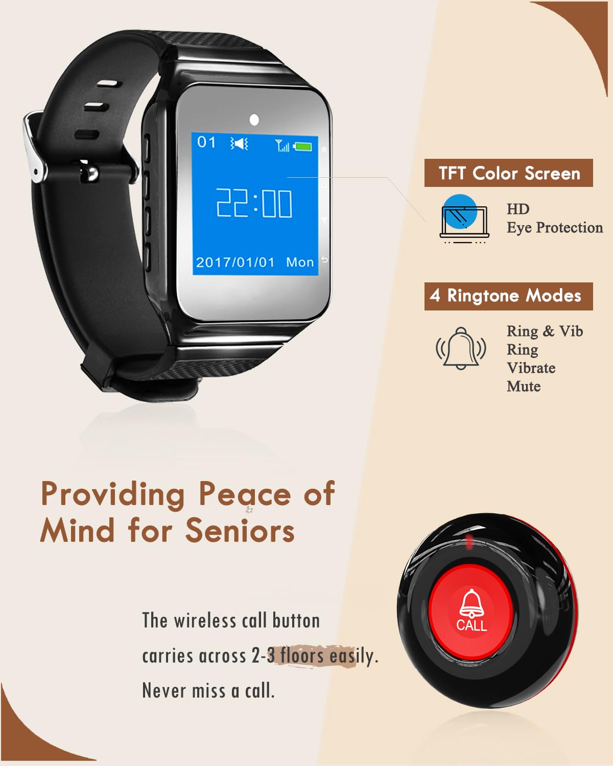 CallToU Caregiver Wireless Smart Call Button - 500+ ft Vibration Nurse Calling Alert System for Elderly at Home/Clinic/Medical Institution/Nursing Home - 1 Wrist Pager 10 SOS Call Buttons