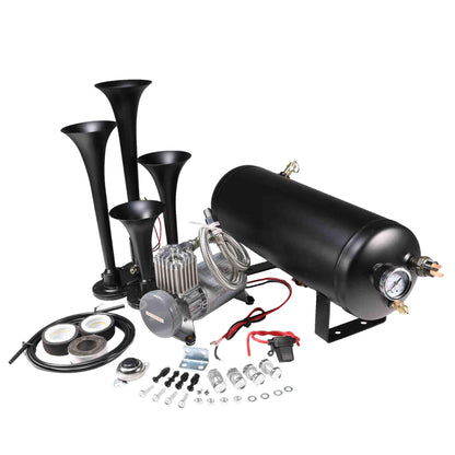 12V 4 Trumpets Train Horn Kit 150psi Complete Onboard System 150psi Air Compressor 1.5 Gallon Air Tank 4 Trumpets Fits Any Vehicle Truck Car Semi Pickup Replacement for Jeep RV SUV Super Loud dB