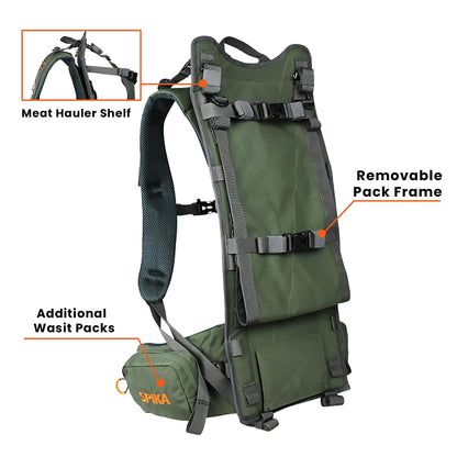 SPIKA Hunting Backpack Internal Frame for Men Waterproof Hunting Pack with Rifle Holder Rain Cover Extendable 40L+ Capacity