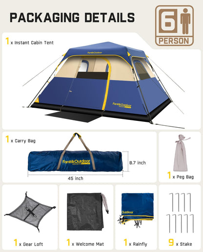 FanttikOutdoor Zeta C6 Pro Camping Tent 6 Person Instant Cabin Tent Setup in 60 Seconds with Rainfly & Windproof Portable with Carry Bag for Family Camping & Hiking, Upgraded Ventilation, Navy Blue