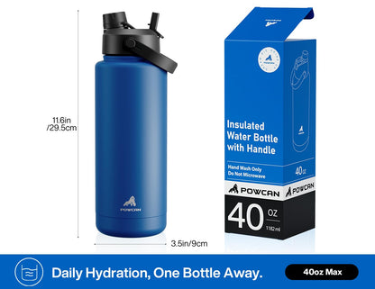 POWCAN 40 oz Insulated Water Bottle with 2-in-1 Straw and Spout Lid, Keep Cold 24H, Leak-Proof, BPA-Free, Double Wall Stainless Steel Water Bottle for Sports, Gym, Travel, and School (Pacific Ocean)