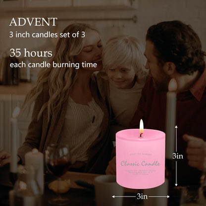 3 Pack Unscented Pink Pillar Candles, 40 Hour 3x3 Inch Dripless Tapered Fat Column Cylinder Candles for Valentine's Day Home Party Holidays