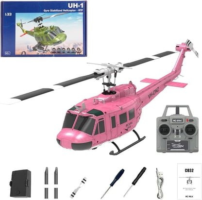 RC ERA C032 UH-1 Huey Helicopter - Remote Control Helicopters for Adult 1/48 Sacle 2.4G 6CH Gyro Stabilized Aircraft with Altitude Hold &amp Optical Flow3D Stunt Drone (Pink)
