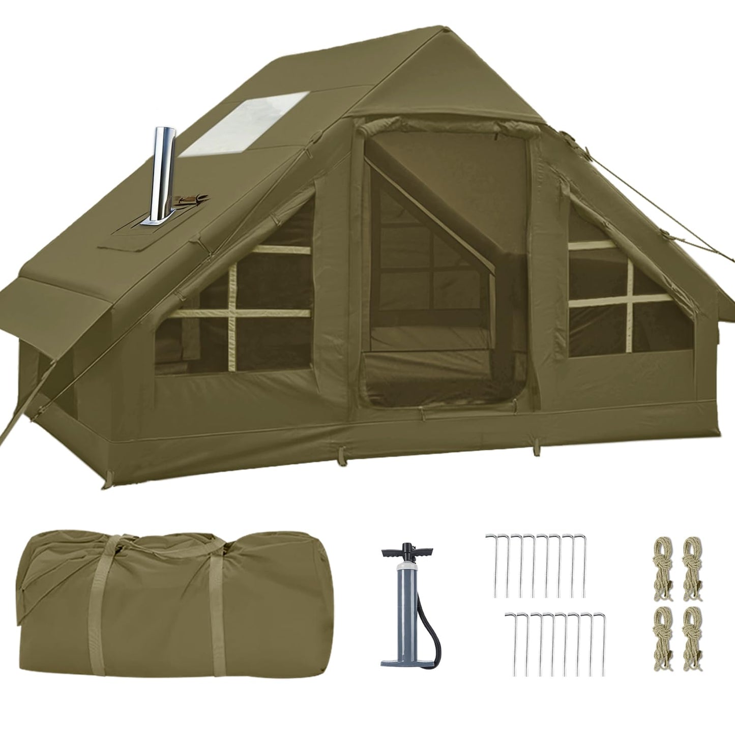 Inflatable Tents for Camping, 4-6 Person Easy Blow Up Tent with Hand Pump,4 Seasons Waterproof Air Inflatable Camping Tent,Hot Tent with Skylight and Stove Jack for Family Camping,Green