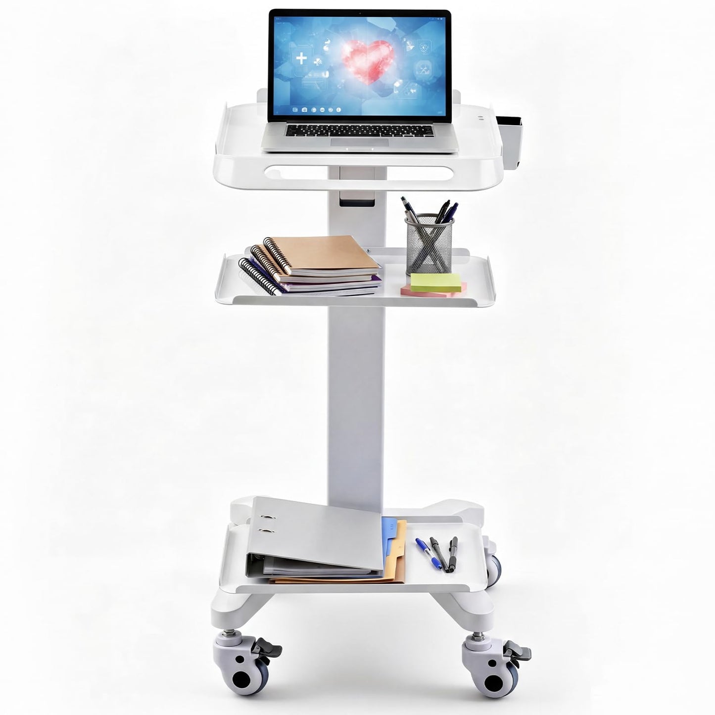 DaisyInner Adjustable Mobile Medical Cart with Wheels, Laptop Rolling Cart with Storage Basket Large Tabletop Medical Trolley Workstation for Hospital, Lab Use (3 Tier)