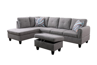 UOCFYK Grey-2 L-Shaped 3-Piece Linen Sofa with Storage Ottoman Set, Sectional Couch Sofa Set for Living Room, Office, Small Space