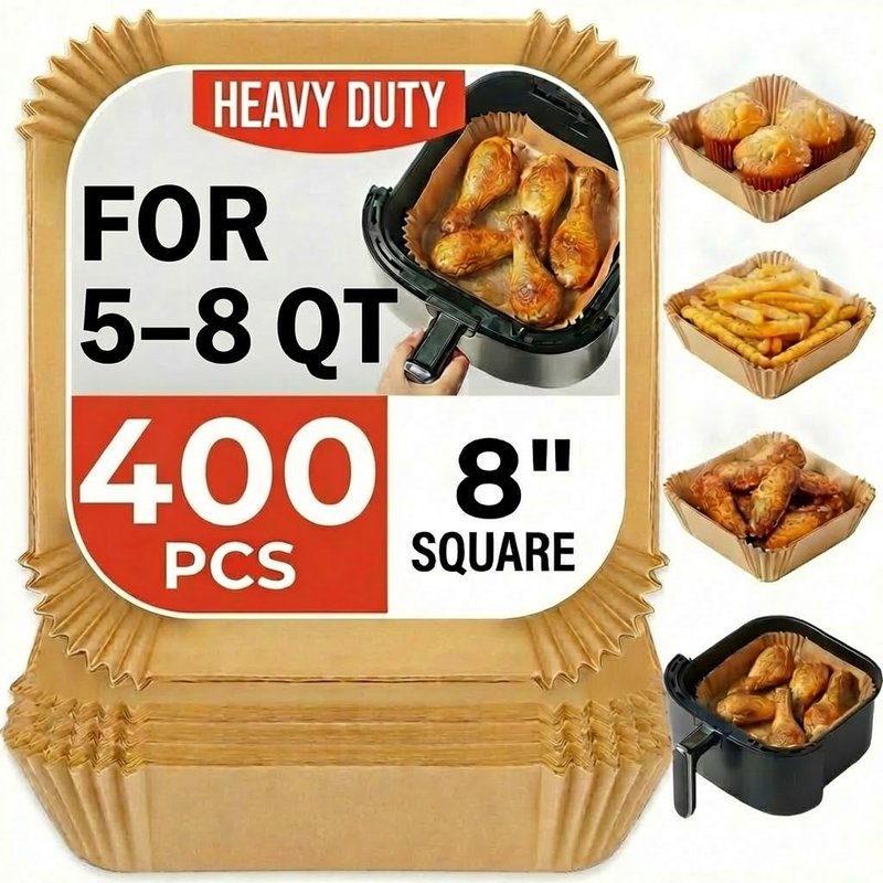 Air Fryer Liners Disposable, 8 Inch Square Parchment Paper for Air Fryer with Reusable Safety Ring, 200 Pcs Non-Stick Air Fryer Accessories
